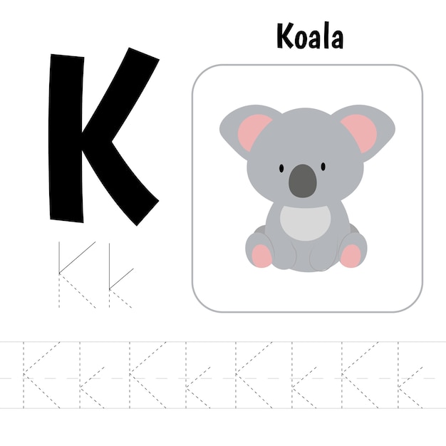 Prescrição da letra k. uma ficha prática para o desenvolvimento e educação infantil. como escrever a letra do alfabeto ilustração vetorial.