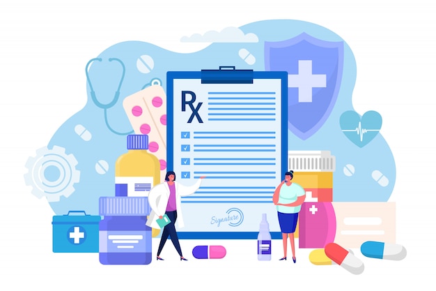 Prescrição médica para paciente hospitalizado, ilustração do conceito. médico pessoal lista medicamentos para tratar doenças.