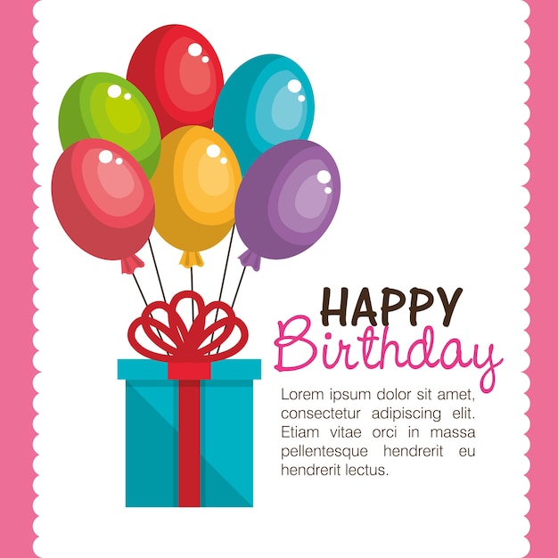 Presente de cartão de aniversário e balões de cores