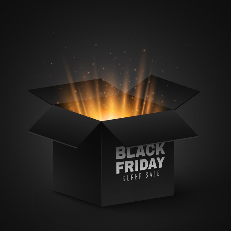 Presente de magia aberta caixa 3D com raios dourados e poeira mágica voadora para venda de Black Friday Elementos gráficos para o seu projeto Ilustração vetorial EPS 10