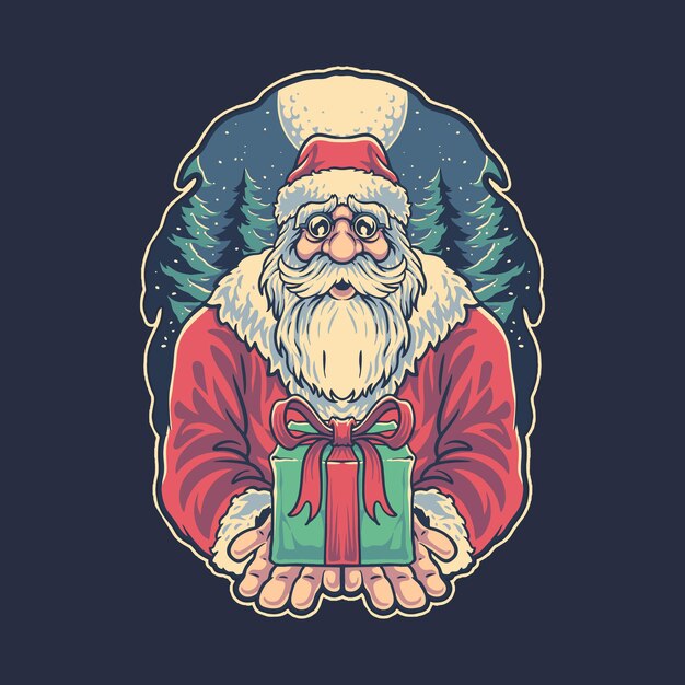 Vetor presente do papai noel na noite de natal para logotipo ou adesivos de t-shirt