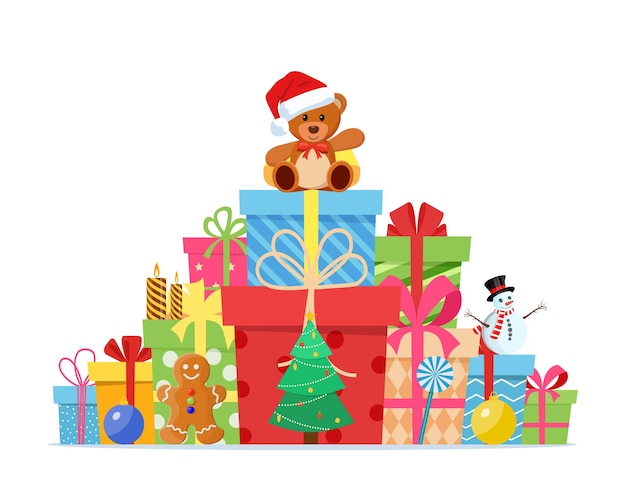 Presentes com arcos e fitas pilha de caixas de presente coloridas e brinquedos bolas de Natal doces velas gengibre homem árvore urso em santa chapéu vetor ilustração em estilo plano
