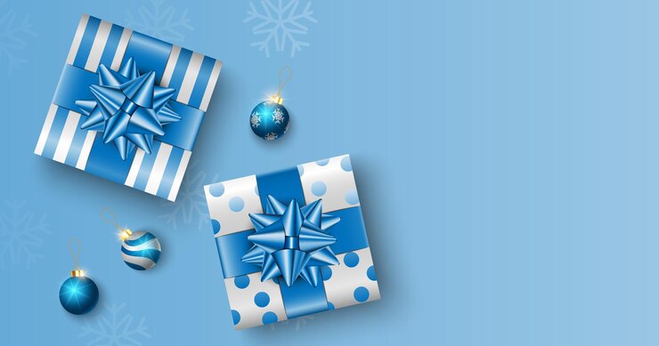 Vetor presentes de natal em fundo de caixa azul com espaço de cópia para texto, cartaz de natal, cartão de felicitações