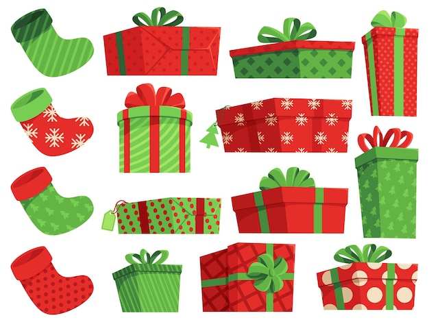 Presentes de natal meia de natal para presentes embrulhados em caixas decoradas para férias de inverno caixa de presente com listras de pontos e flocos de neve conjunto de vetores | Vetor Presentes de natal meia de natal para presentes embrulhados em caixas decoradas para férias de inverno caixa de presente com listras de pontos e flocos de neve conjunto de vetores | Vetor