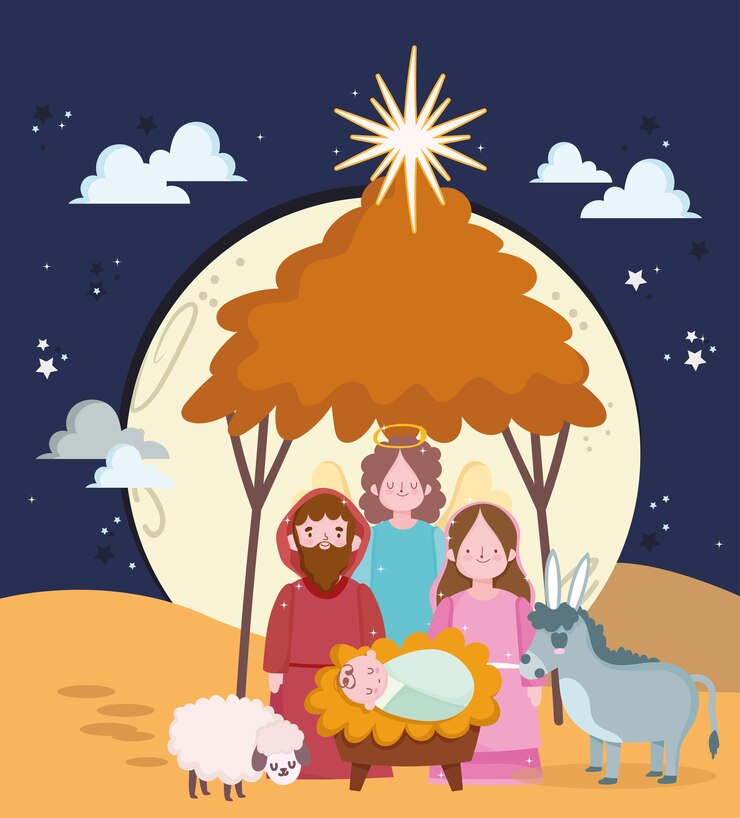 Vetor presépio, adorável santa maria bebê jesus e ilustração de desenho animado joseph manger