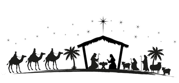 Presépio de natal com o bebê jesus maria e josé na manjedoura história de natal cristã tradicional ilustração vetorial para crianças eps 10