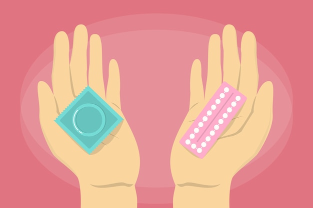 Preservativo e pílula anticoncepcional nas mãos