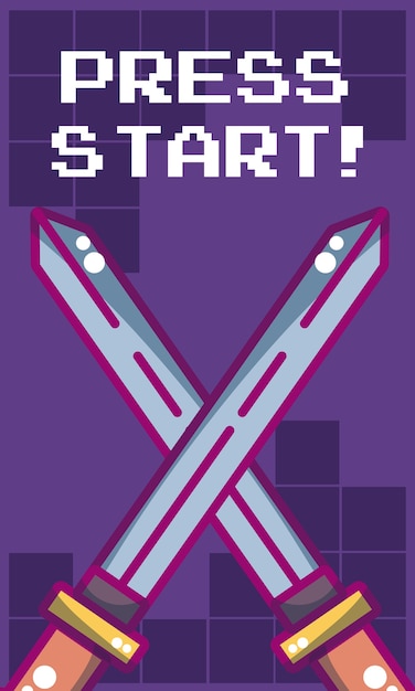 Pressione o banner de videogame de início com espadas cruzadas vector design gráfico ilustração