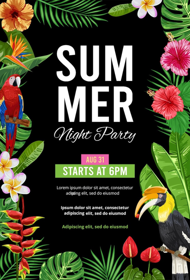 Vetor preto com pássaros tropicais coloridos e plantas convite para festa à noite de verão vetor grátis