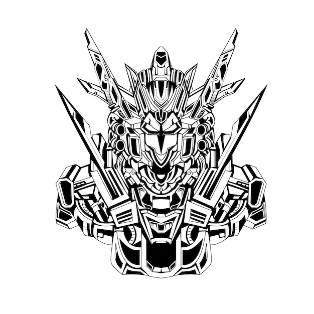 Preto e branco desenhado à mão ilustração mecha gundam tatuagens robóticas