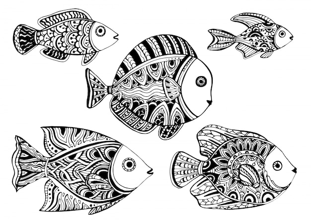 Preto e branco peixes ornamentais decorativos em estilo de tatuagem