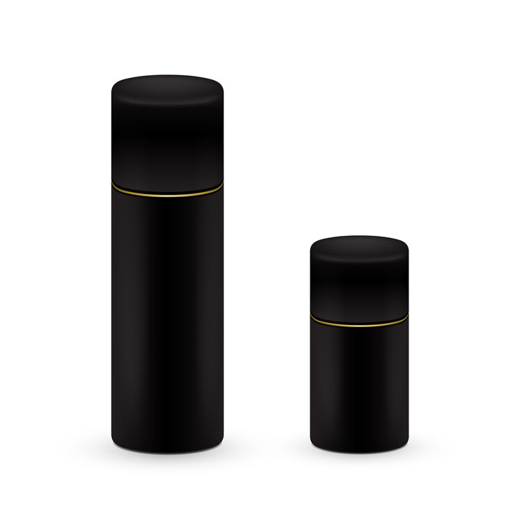 Vetor preto grande e pequeno garrafas de spray de aerossol, garrafa de metal para cosmética, perfume ou spray de cabelo. embalagem desodorante.