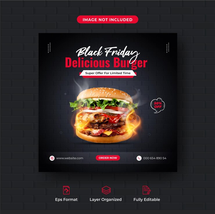 Preto sexta-feira super venda hambúrguer comida menu mídia social post ou modelo de banner Premium Vector