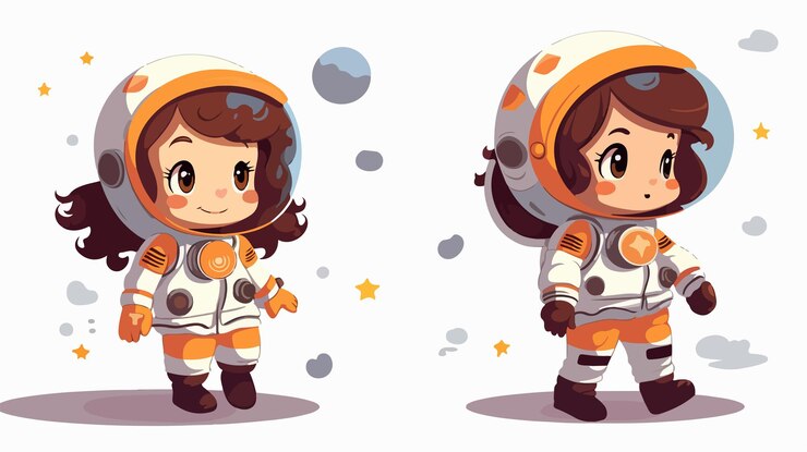 Vetor pretty cartoon astronaut girl em estilo de cor plana