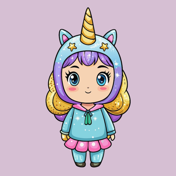 Vetor pretty unicorn girl with sparkly horn vector de desenhos animados