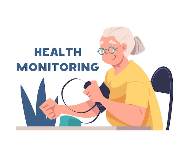 Prevenção com mulher idosa com óculos Medindo a pressão arterial Monitoramento da saúde Ilustração do vetor de Alzheimer