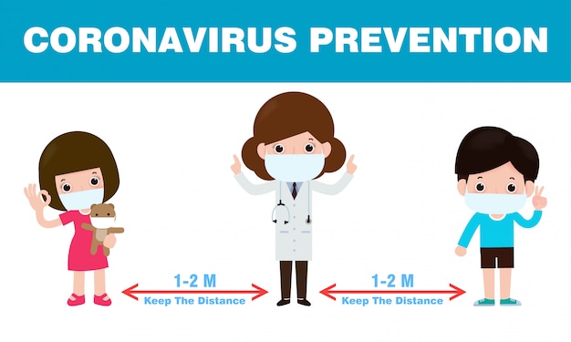 Prevenção de coronavírus, distanciamento social, médico e crianças mantendo distância para risco de infecção e doença, usando máscara cirúrgica protetora médica para prevenir o vírus covid-19. conceito de cuidados de saúde.