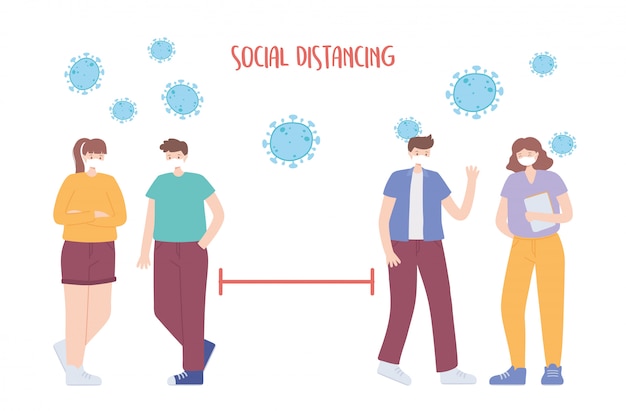 Prevenção de distanciamento social do coronavírus, espaço para segurança e pessoas devem ser separadas, pessoas com máscara médica