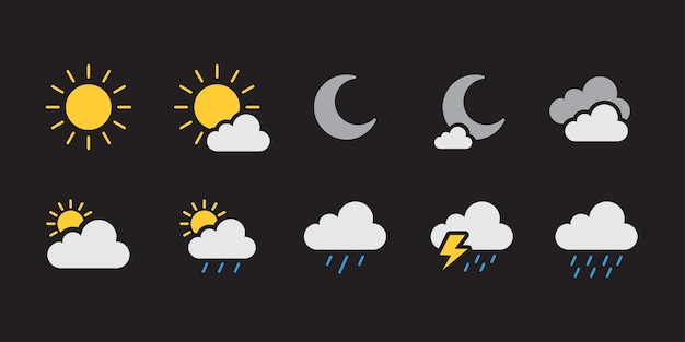 Previsão do tempo Sol Chuva e Lua vetor de ícone de cor definido fundo escuro