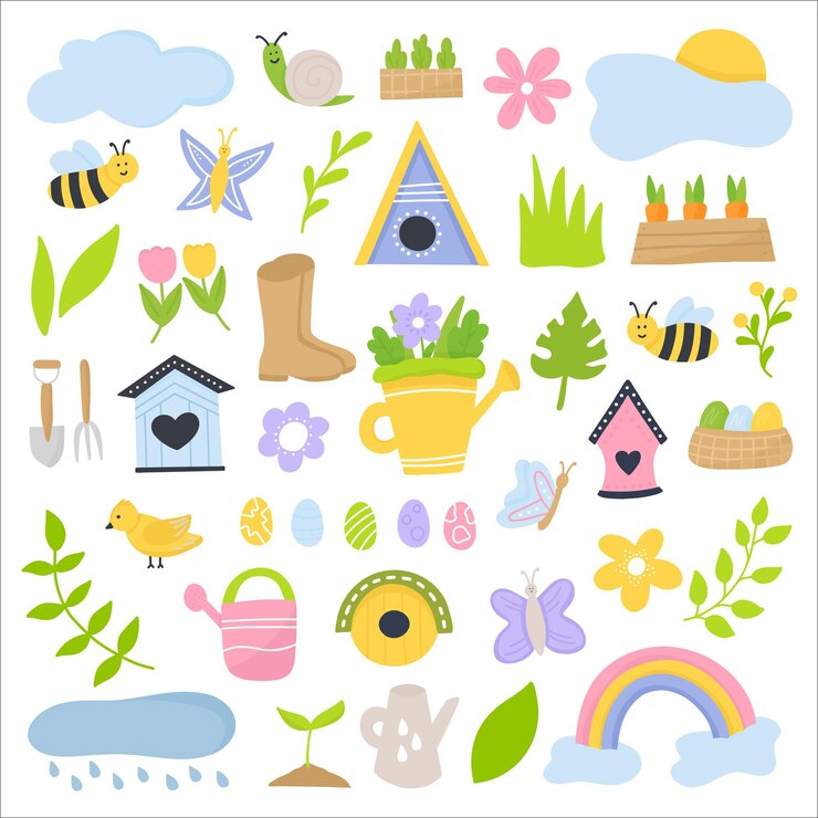 Primavera conjunto flores de elementos de mão desenhada, gaiolas, pássaros, insetos, ovos, arco-íris. Vetor premium