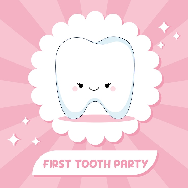 Vetor primeira festa de dente para uma menina template de convite bandeira fundo rosa com dente kawaii bonito
