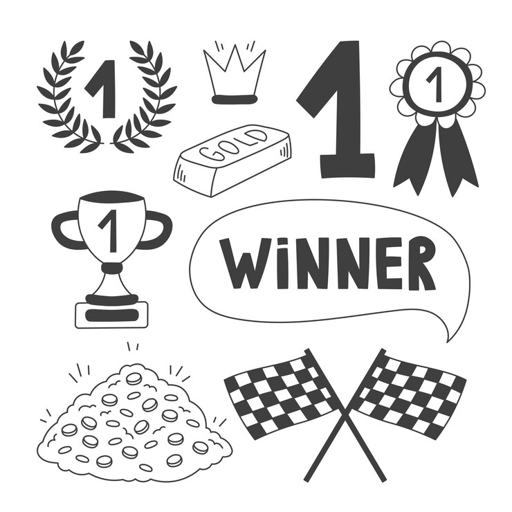 Vetor primeiro lugar vencedor doodle ícones set vector coleção de esboços de desenho animado símbolos de vitória