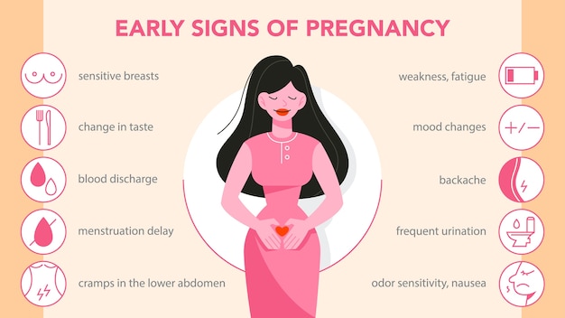 Primeiros sintomas do infográfico de gravidez. fraqueza e dor nas costas, alteração do apetite e vômitos. os primeiros sinais de uma mulher grávida com alterações de humor. ilustração