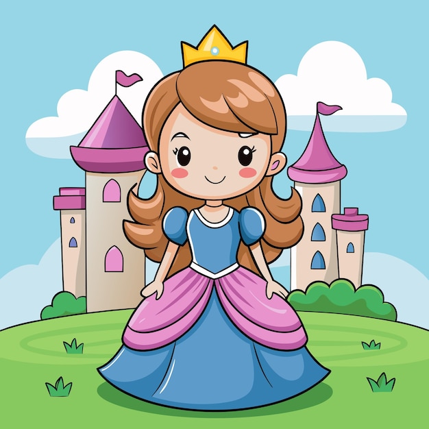 Princesa de desenhos animados com trajes reais e arte vetorial do castelo