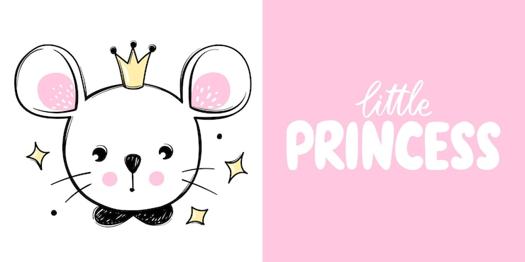 Vetor princesa de rato fofa com coroa isolada em branco com letras