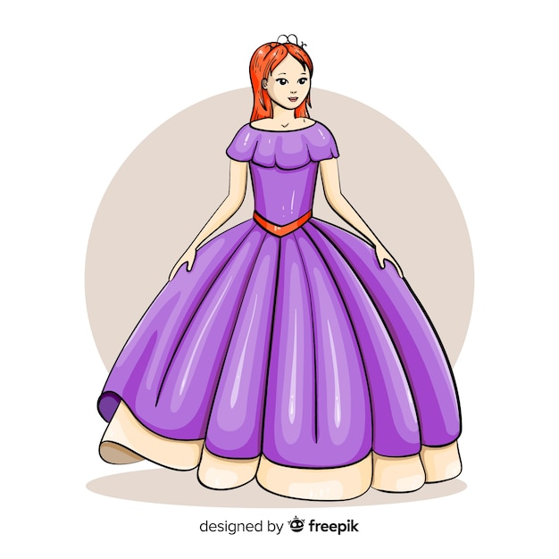 Vetor princesa desenhada de mão com vestido roxo