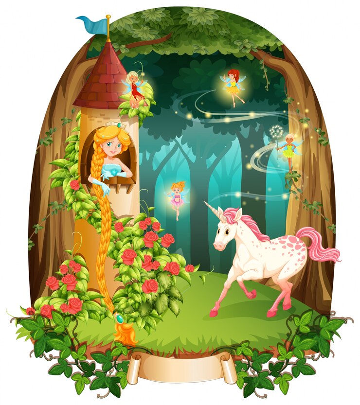 Vetor princesa e unicórnio na torre