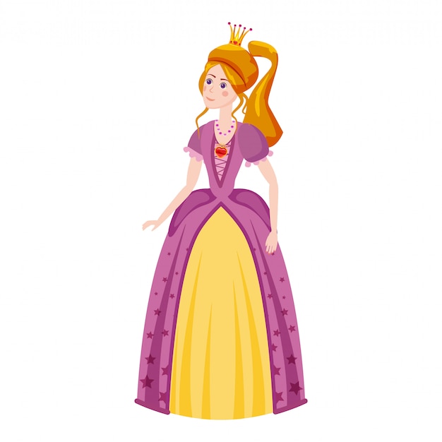 Princesa em um lindo vestido com diamante de coração vermelho de tiara.