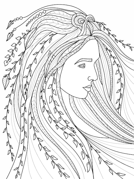 Princesa fada da floresta com cabelo comprido em folhas e flores livro de colorir para crianças e adultos