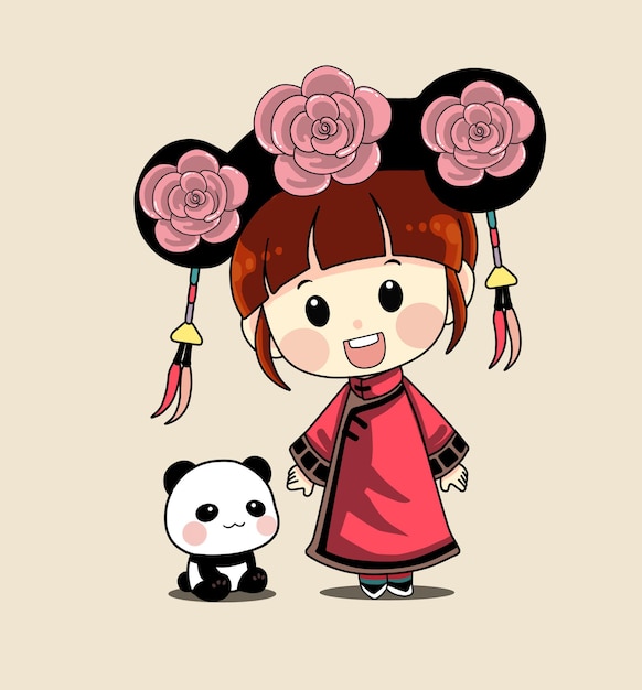 Vetor princesa fofa chinesa e personagem de desenho animado de panda fofa