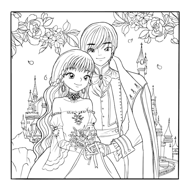 Princesa príncipe castelo para colorir desenho animado bonito kawaii manga ilustração clipart