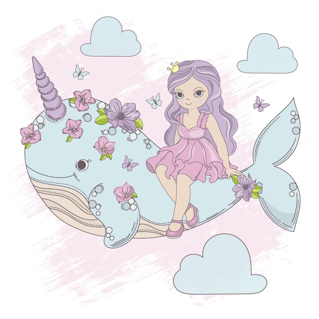 Vetor princesa voadora unicorn whale cartoon