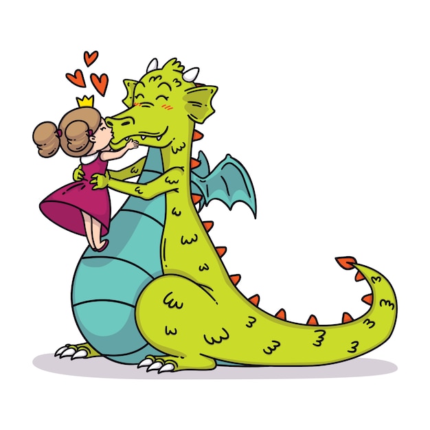 Vetor princesinha beija um dragão no nariz. ilustração de crianças de conto de fadas.