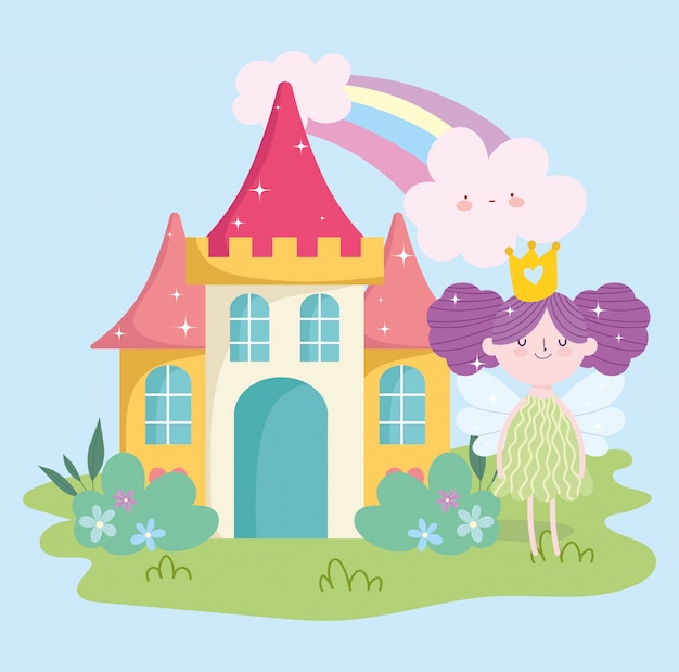 Princesinha fada com asas castelo arco-íris nuvens conto de jardim dos desenhos animados