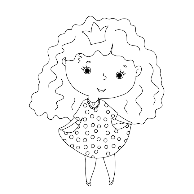 Princesinha fofa com cabelo encaracolado contorno desenhado à mão ilustração isolada no fundo branco para livro de colorir