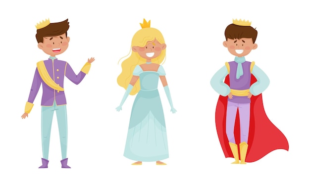 Vetor príncipe e princesa engraçados vestindo coroas e roupas vestidas set de ilustrações vetoriais