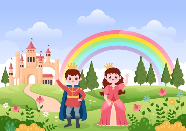 Príncipe e rainha em frente ao castelo com palácio e cenário de conto de fadas na ilustração dos desenhos animados