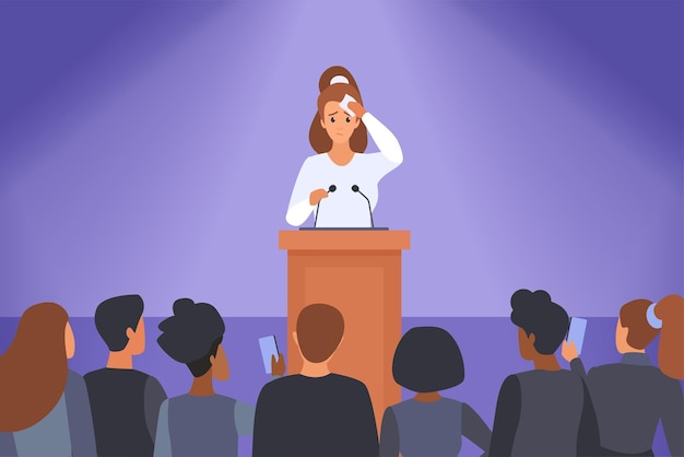 Problema de oradores medo e ansiedade de discurso público mulher tímida de pé atrás do pódio