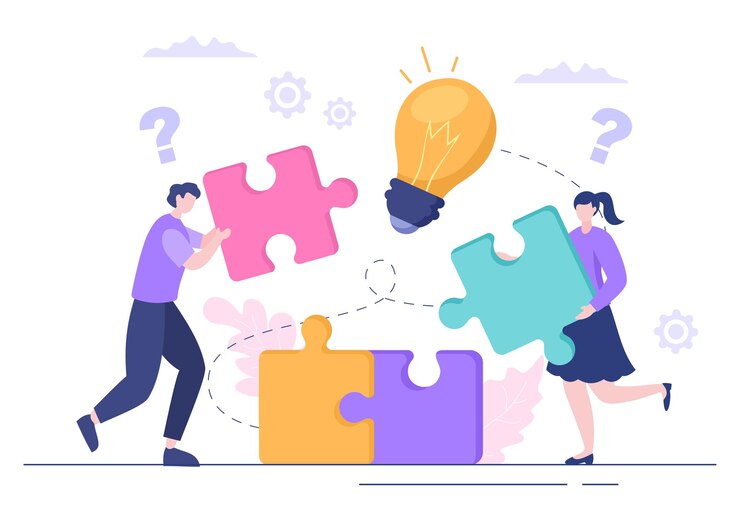 Vetor problema e solução na solução de negócios para procurar ideias com o conceito de trabalho em equipe pode usar para web banner ou ilustração plana de fundo