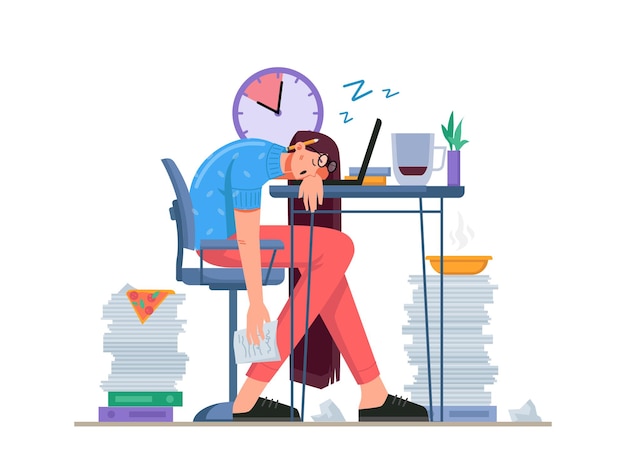 Problemas de escritório doméstico de trabalhador autônomo com horários irregulares de trabalho dormindo e comendo