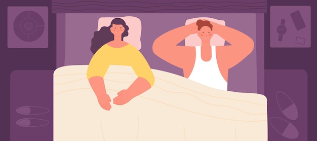 Problemas de insônia homem dormindo casal cansado na cama noite sem dormir doente acordado masculino e feminino distúrbio do sono problemas mentais conceito de vetor absoluto