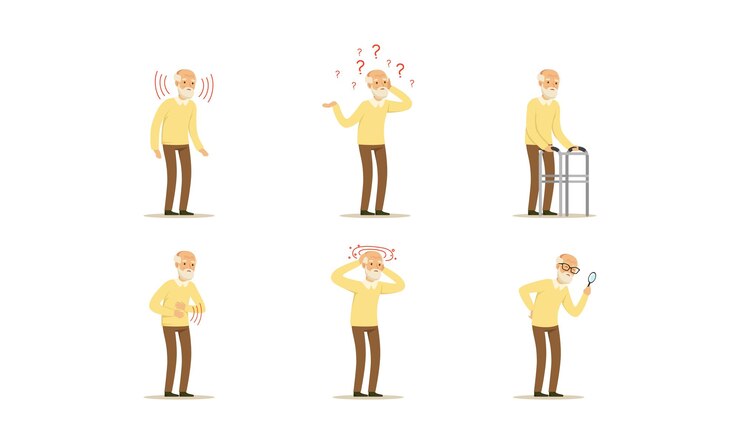Vetor problemas de saúde e doenças do homem idoso conjunto de ilustrações vetoriais