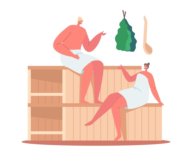 Procedimento de água de spa de sauna. Relaxamento, terapia de cuidado corporal, casal de homem e mulher embrulhados em toalhas, sentados no banco de madeira na sala de vapor no banho, bem-estar de pessoas, higiene. Ilustração em vetor desenho animado