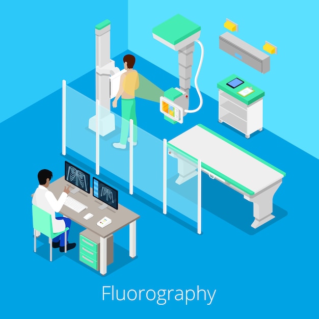 Procedimento de fluorografia isométrica de radiologia com equipamento médico e paciente. ilustração