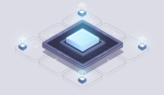 Processador de microchip futurista. chip digital. cpu moderna. ilustração isométrica moderna.