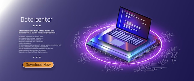Processador futurista de microchip com luzes no fundo azul Processos de computador quântico